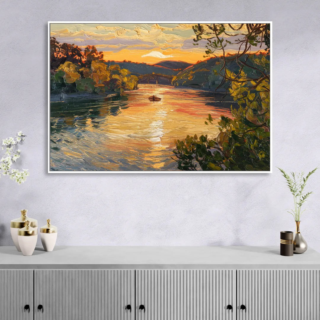 New Hope Delaware River Sunset Sitting Room - White Canvas Wall Art