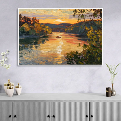 New Hope Delaware River Sunset Sitting Room - White Canvas Wall Art
