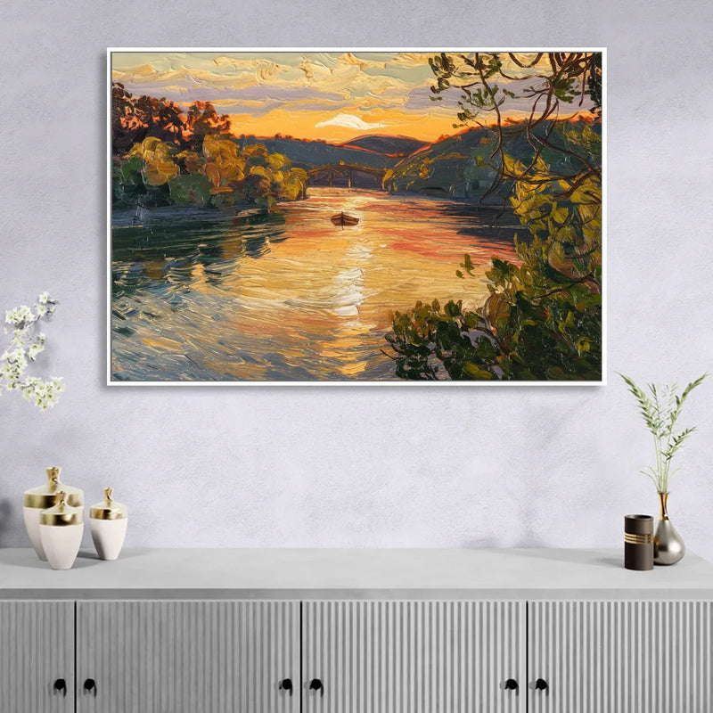 New Hope Delaware River Sunset Sitting Room - White Canvas Wall Art