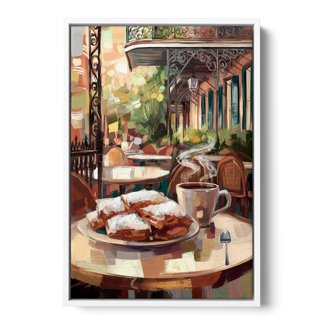 New Orleans Beignets and Coffee Front - White Canvas Wall Art