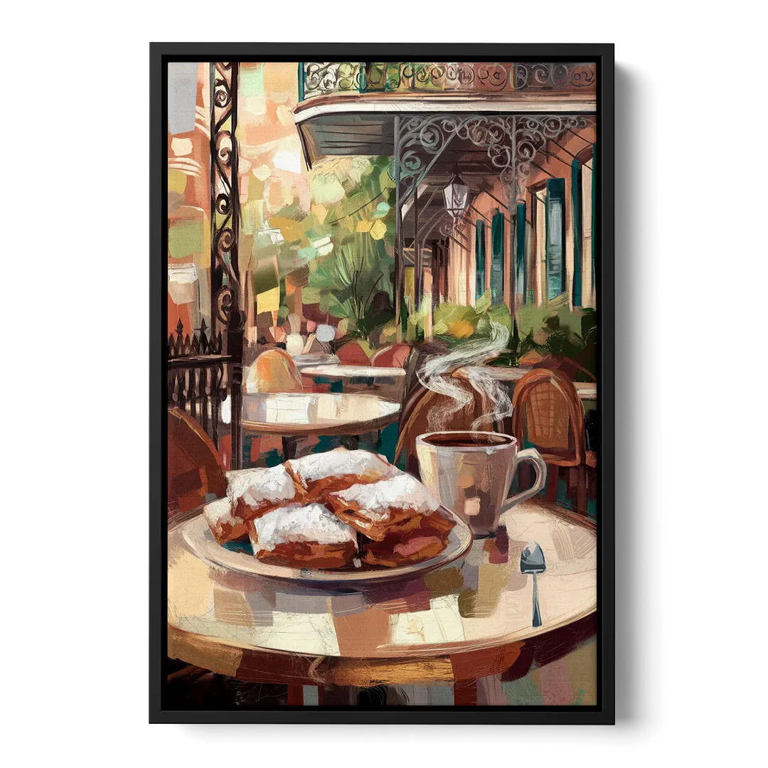 New Orleans Beignets and Coffee Front - Black Canvas Wall Art