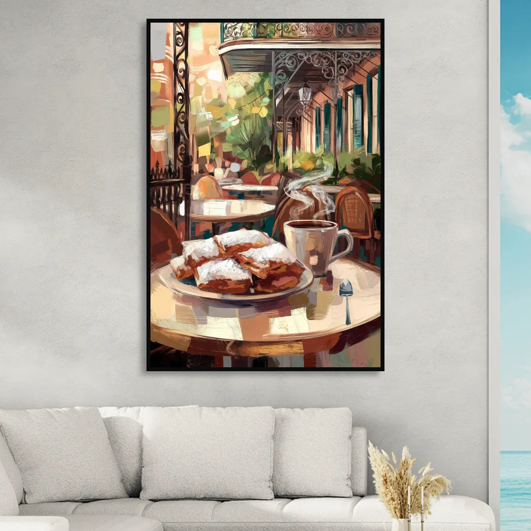 New Orleans Beignets and Coffee Living Room - Black Canvas Wall Art