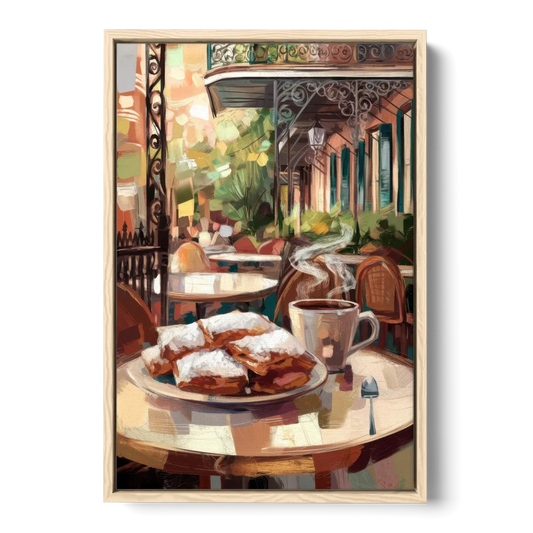 New Orleans Beignets and Coffee - Oak Framed Canvas Wall Art - Front