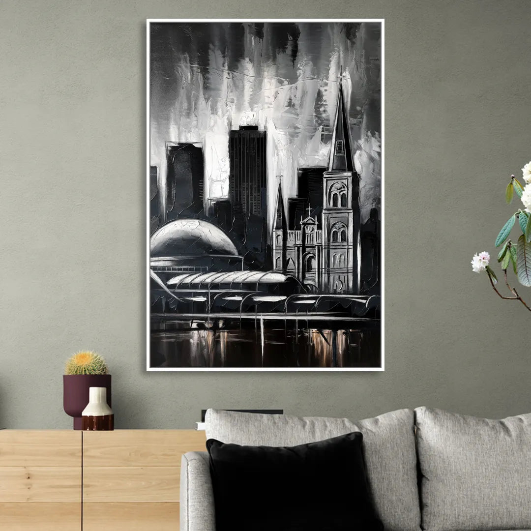 New Orleans Black and White Skyline Sitting Room - White Canvas Wall Art