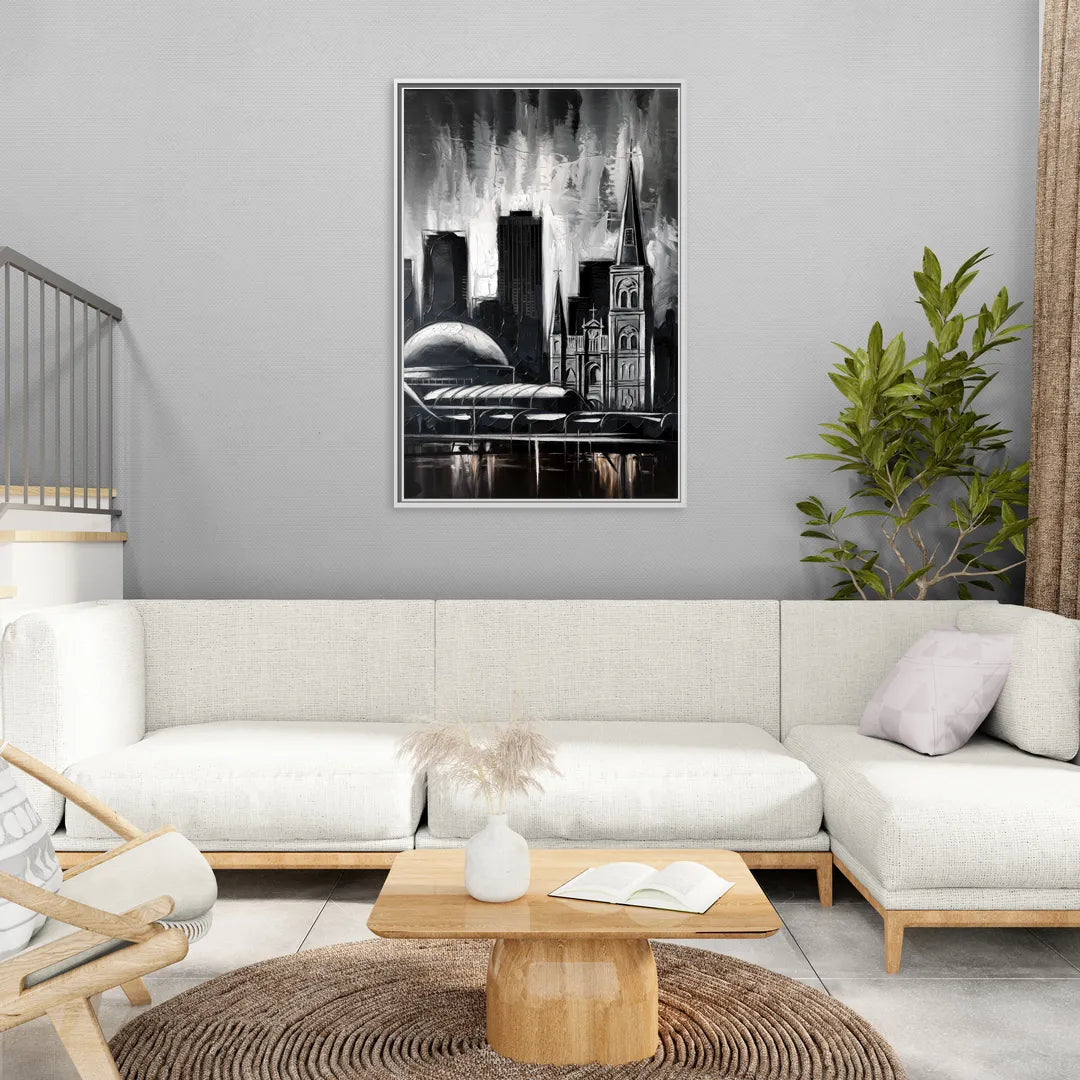 New Orleans Black and White Skyline - Living Room White Frame Canvas