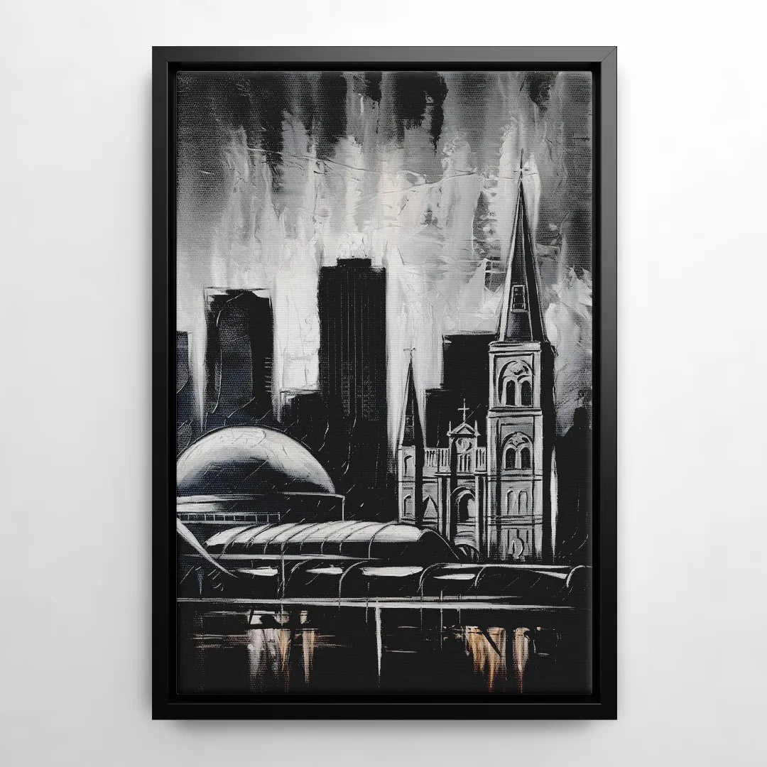 New Orleans Black and White Skyline - Black Frame Canvas