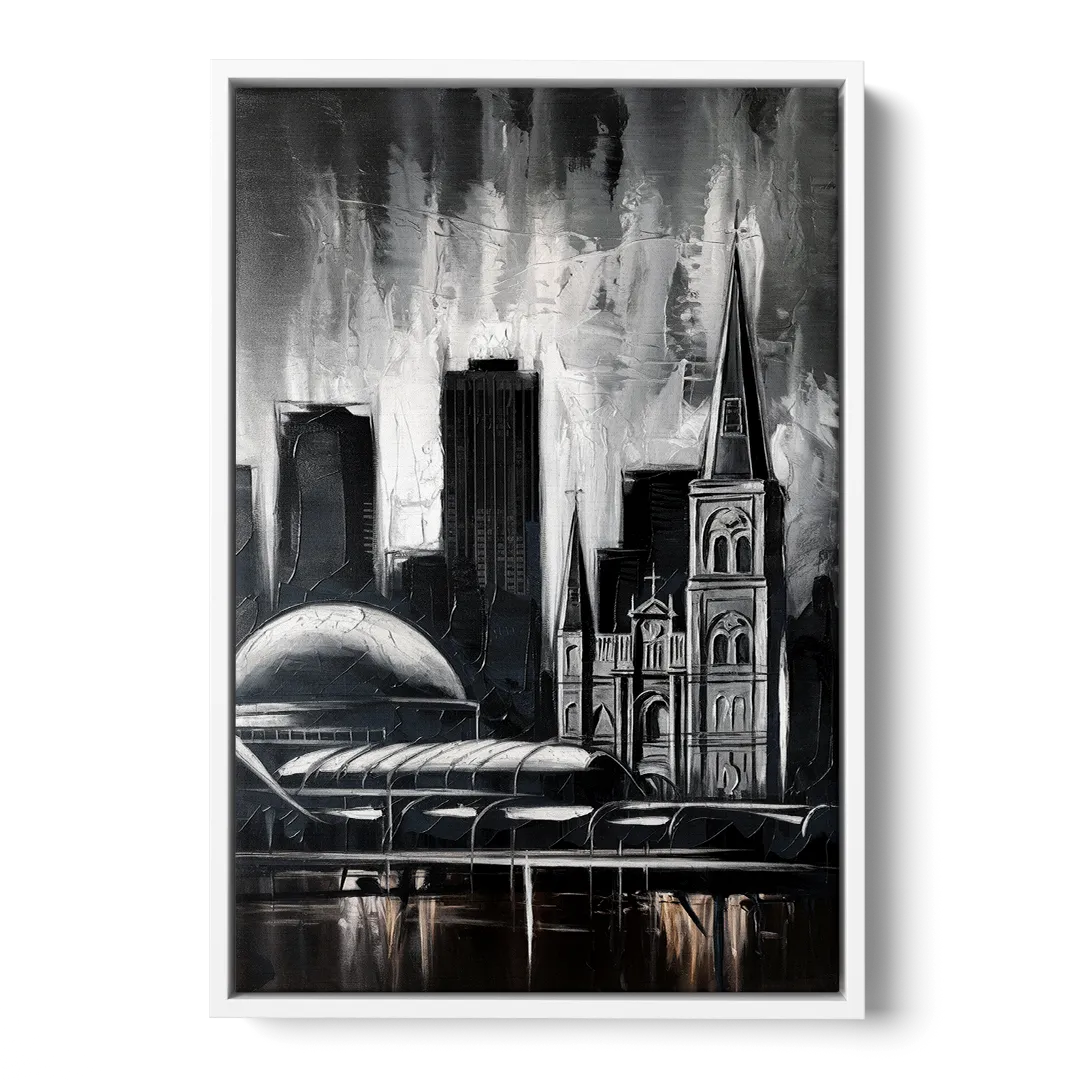 New Orleans Black and White Skyline Front - White Canvas Wall Art