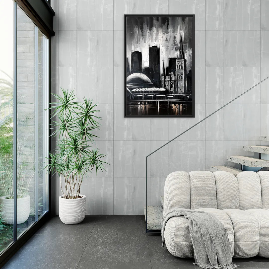 New Orleans Black and White Skyline - Living Room Black Frame Canvas