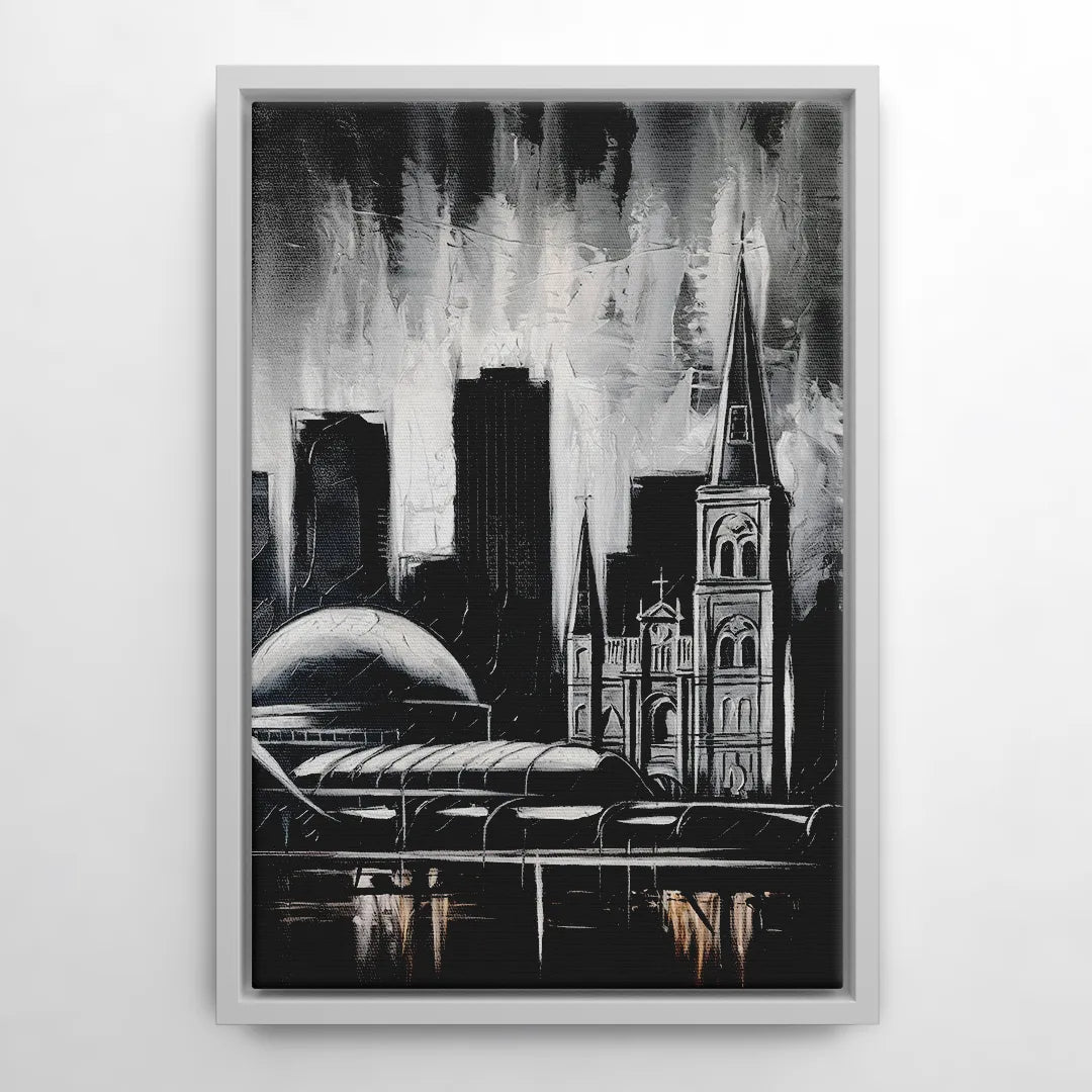 New Orleans Black and White Skyline - White Frame Canvas