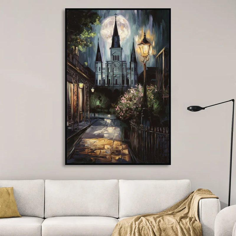 New Orleans Cathedral Silhouette Sitting Room - Black Canvas Wall Art