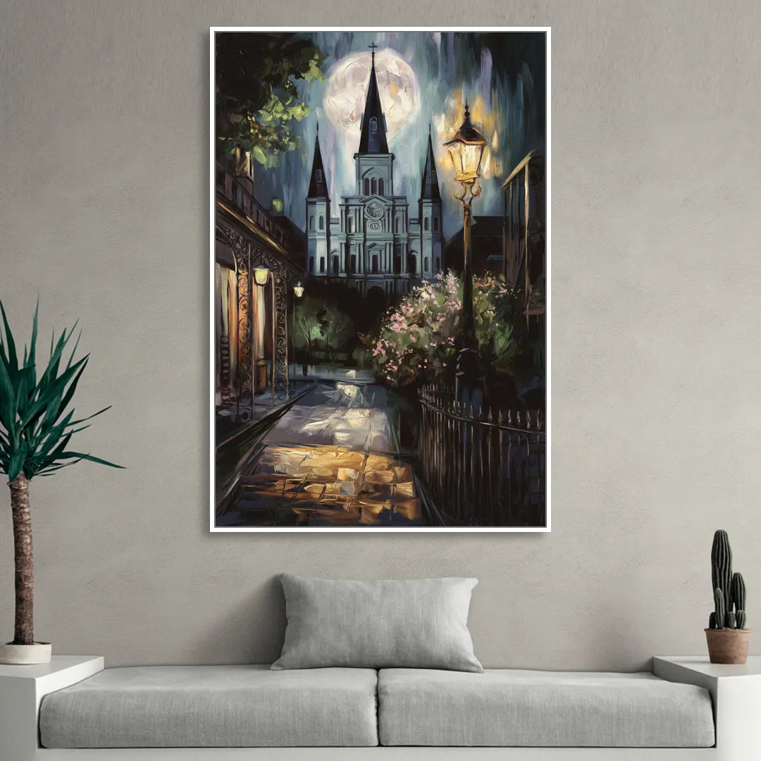New Orleans Cathedral Silhouette Sitting Room - White Canvas Wall Art