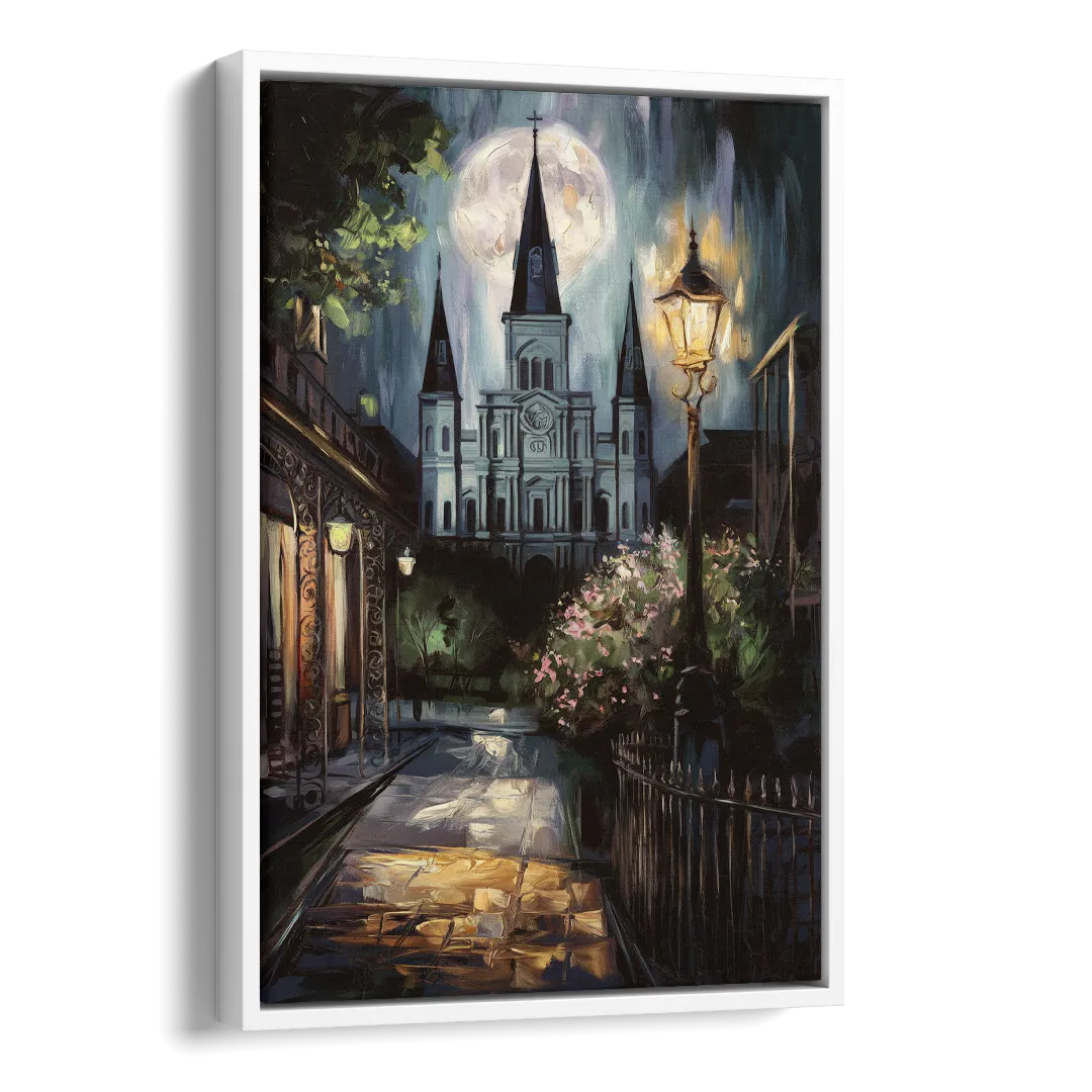 New Orleans Cathedral Silhouette Side - White Canvas Wall Art