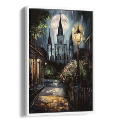 New Orleans Cathedral Silhouette Side - White Canvas Wall Art