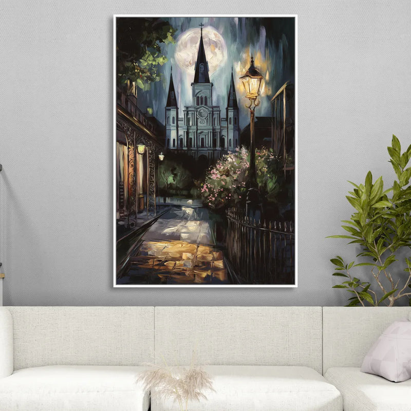 New Orleans Cathedral Silhouette Living Room - White Canvas Wall Art