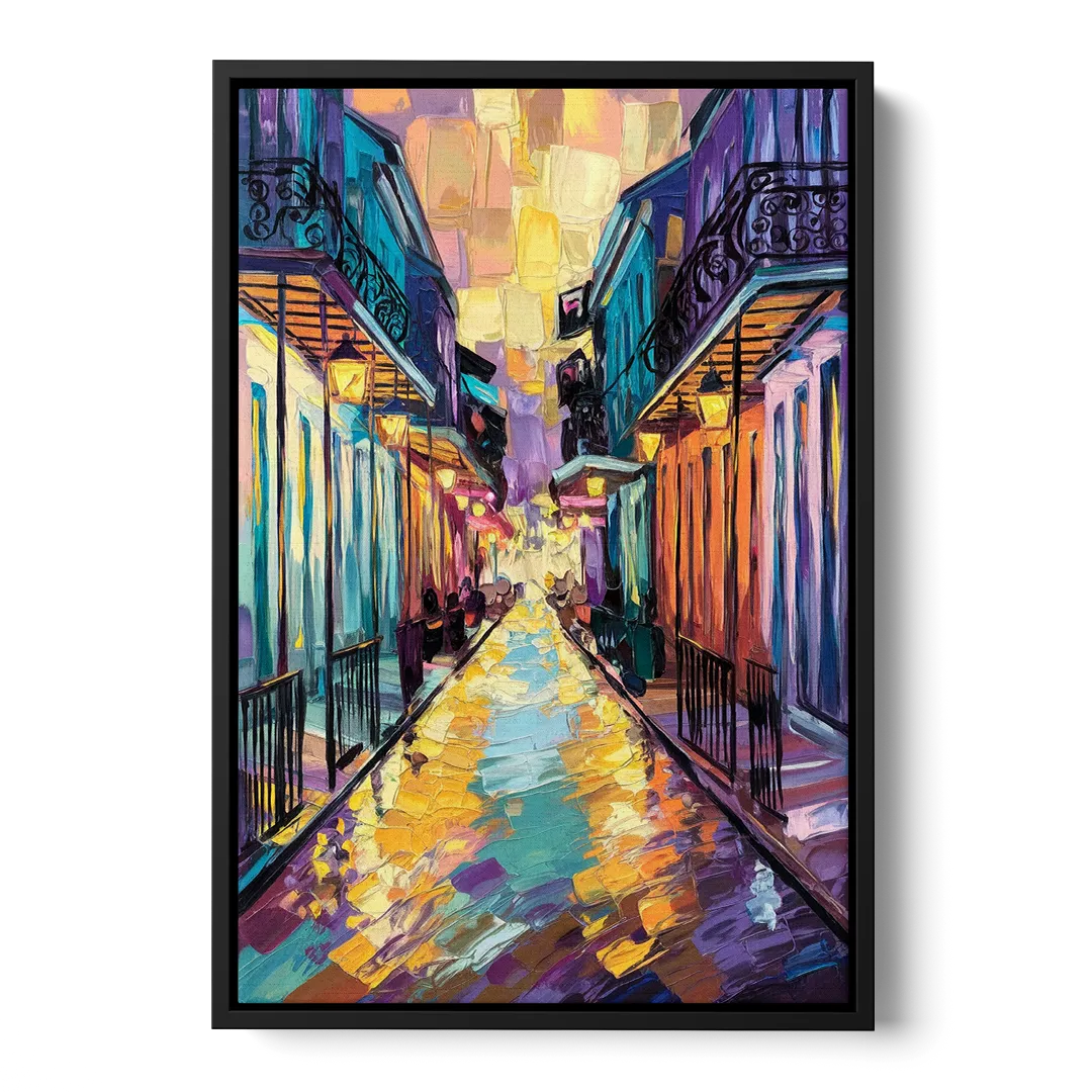 New Orleans French Quarter Lights Front - Black Canvas Wall Art