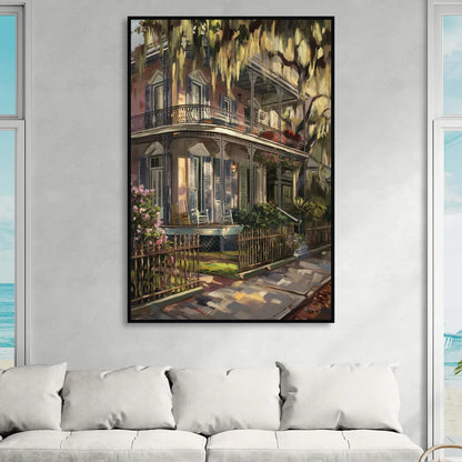 New Orleans Garden District Homes Living Room - Black Canvas Wall Art