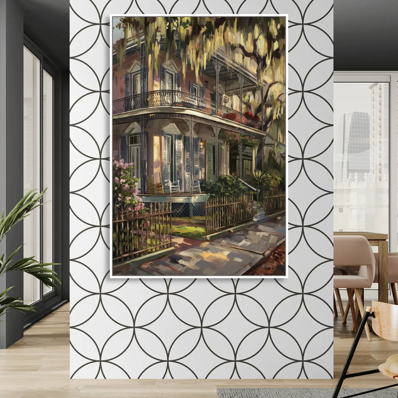 New Orleans Garden District Homes Living Room - White Canvas Wall Art