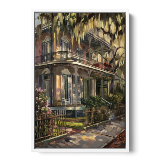 New Orleans Garden District Homes - White Framed Canvas Wall Art - Front