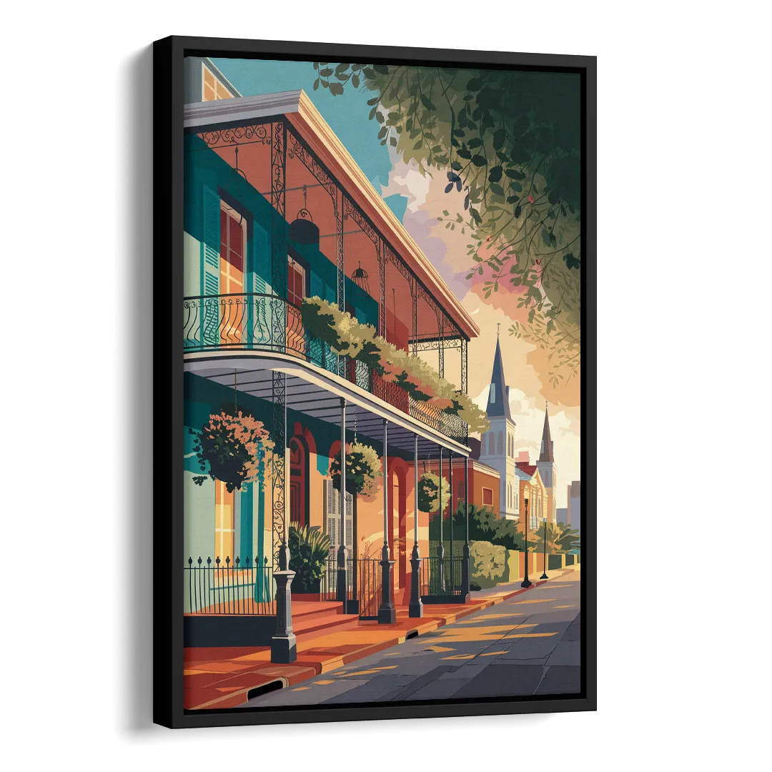 New Orleans Historic Architecture Side - Black Canvas Wall Art