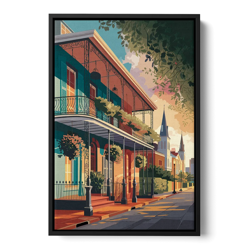 New Orleans Historic Architecture Front - Black Canvas Wall Art