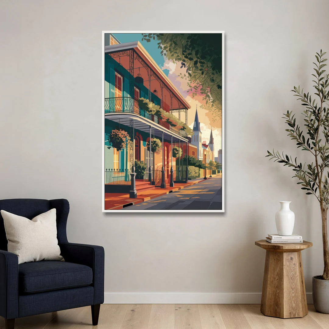 New Orleans Historic Architecture - White Framed Canvas Wall Art - Sofa - 32x48