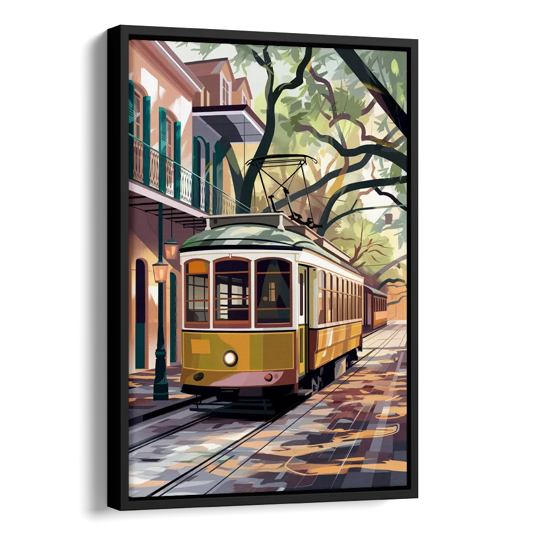 New Orleans Historic Streetcars Side - Black Canvas Wall Art