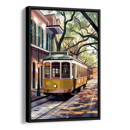 New Orleans Historic Streetcars Side - Black Canvas Wall Art