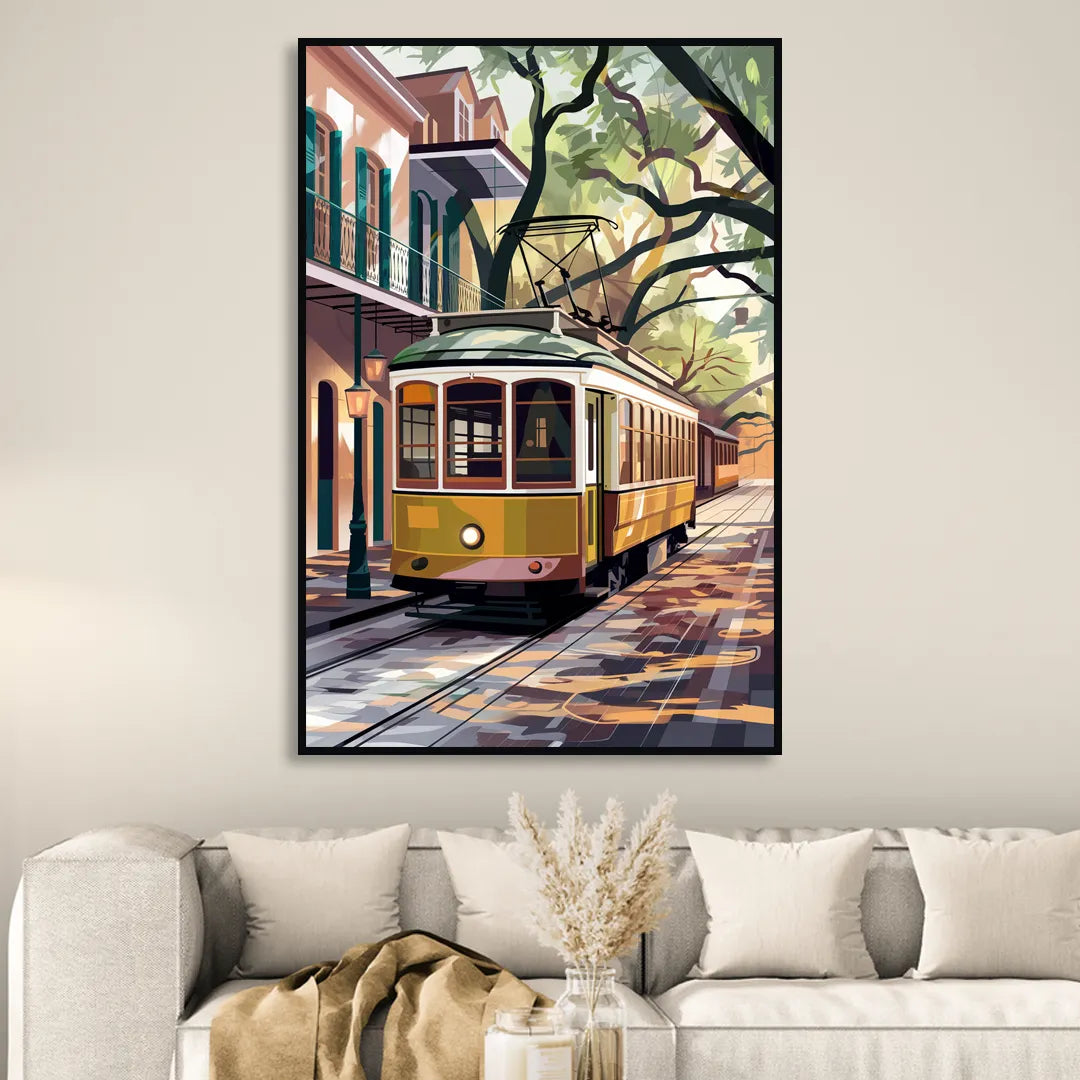 New Orleans Historic Streetcars Sitting Room - Black Canvas Wall Art