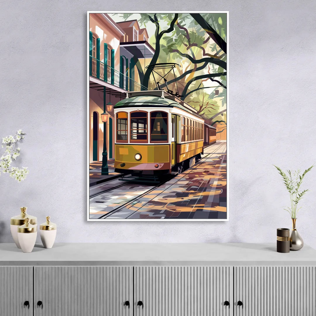 New Orleans Historic Streetcars Sitting Room - White Canvas Wall Art