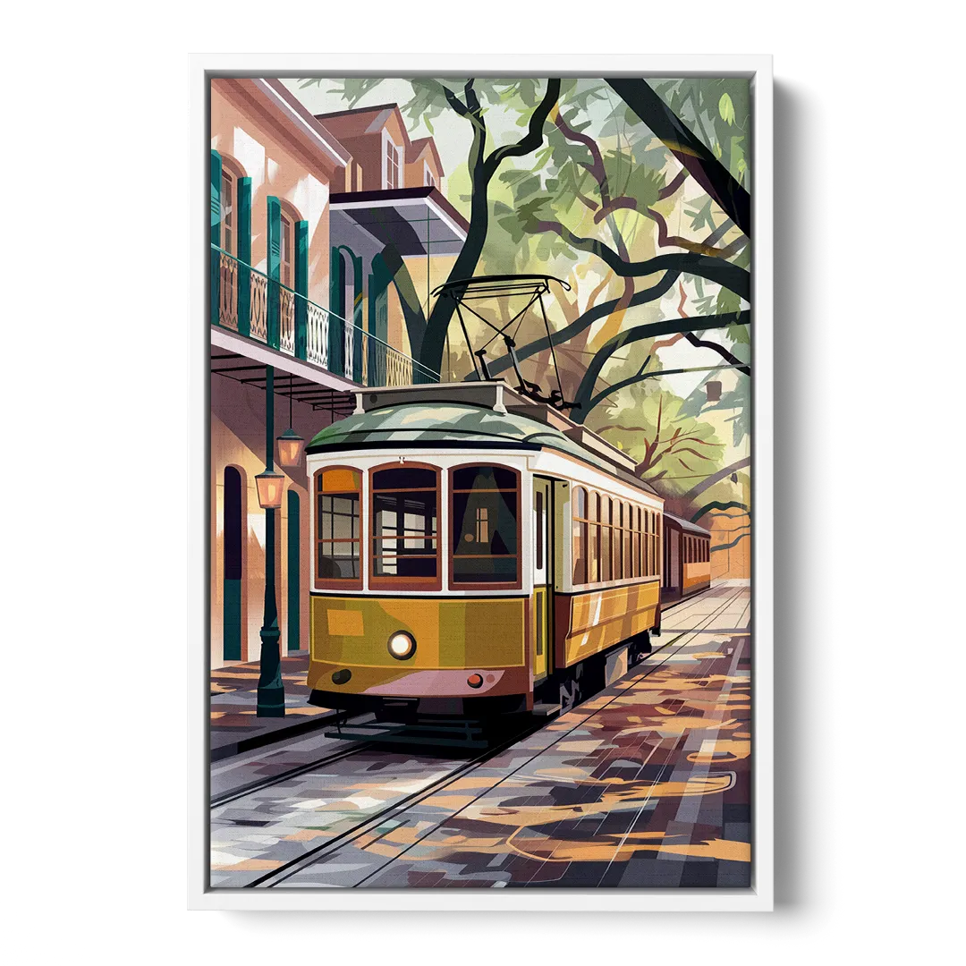 New Orleans Historic Streetcars Front - White Canvas Wall Art