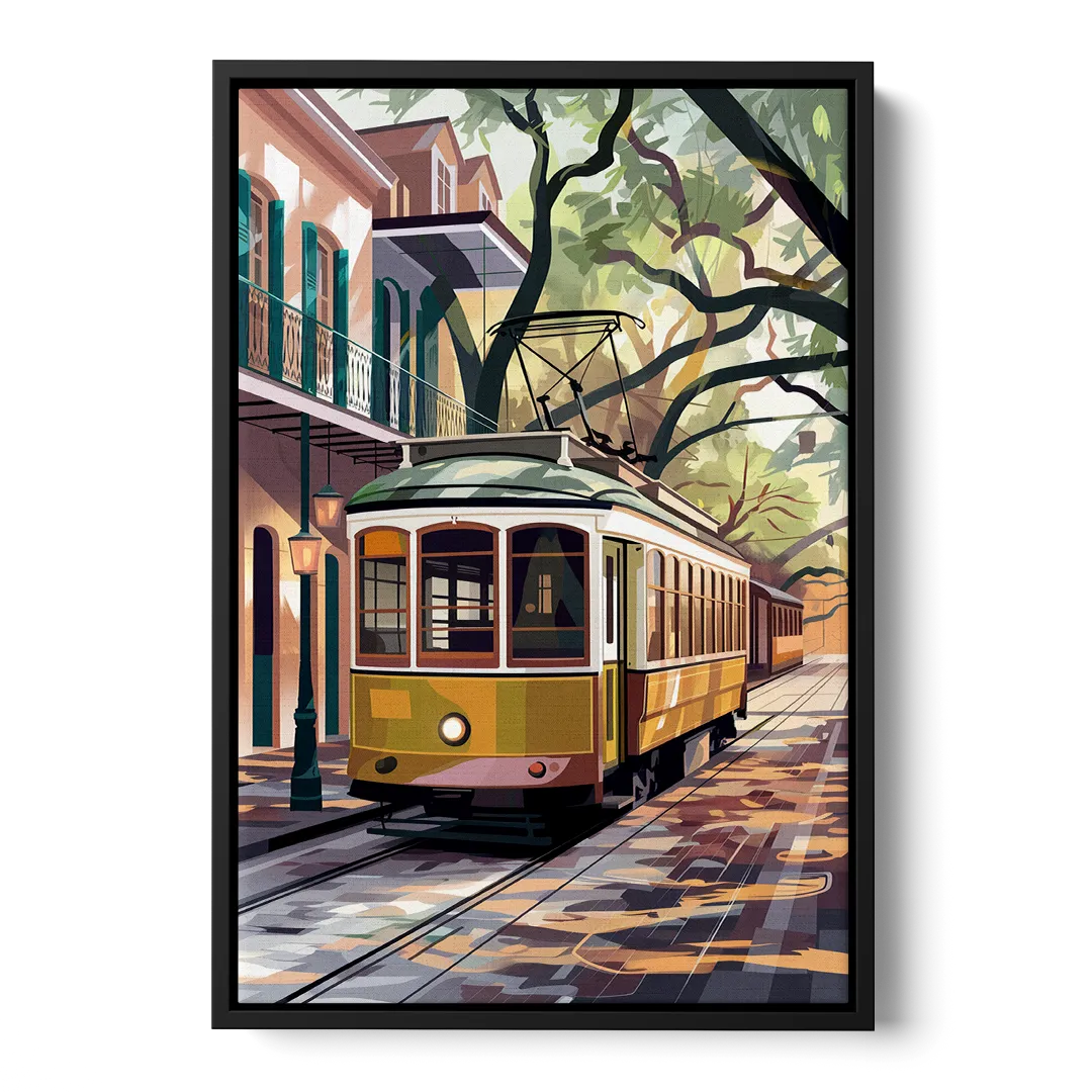 New Orleans Historic Streetcars Front - Black Canvas Wall Art