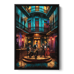 New Orleans Jazz Club Scene - Black Framed Canvas Wall Art - Front
