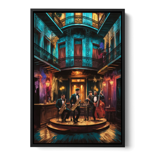 New Orleans Jazz Club Scene - Black Framed Canvas Wall Art - Front