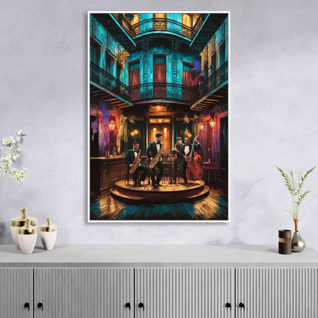 New Orleans Jazz Club Scene Living Room - White Canvas Wall Art
