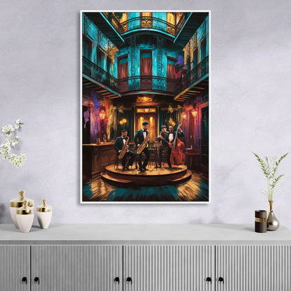 New Orleans Jazz Club Scene Living Room - White Canvas Wall Art