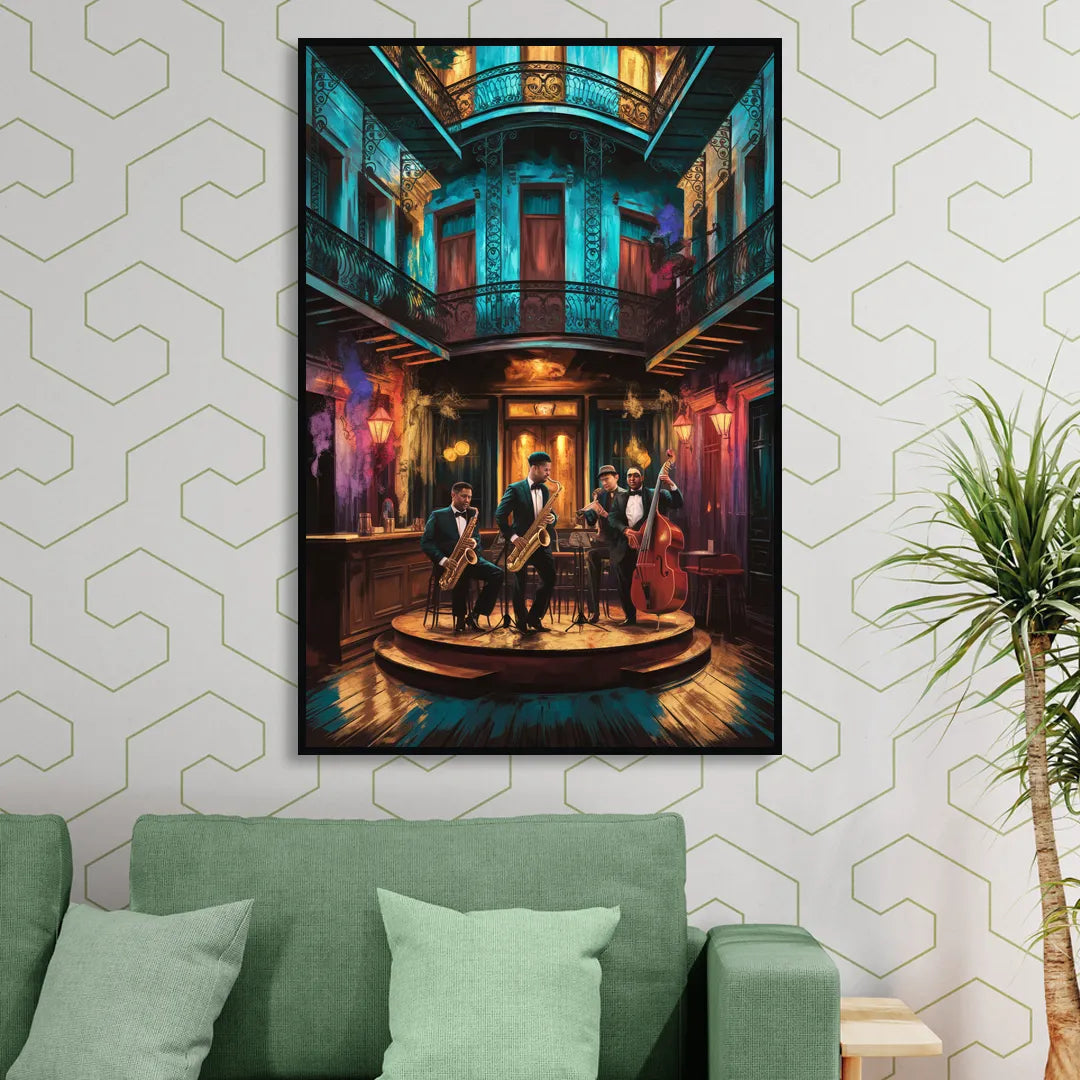 New Orleans Jazz Club Scene Sitting Room - Black Canvas Wall Art