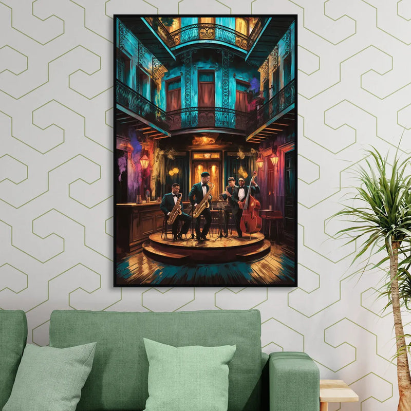 New Orleans Jazz Club Scene Sitting Room - Black Canvas Wall Art