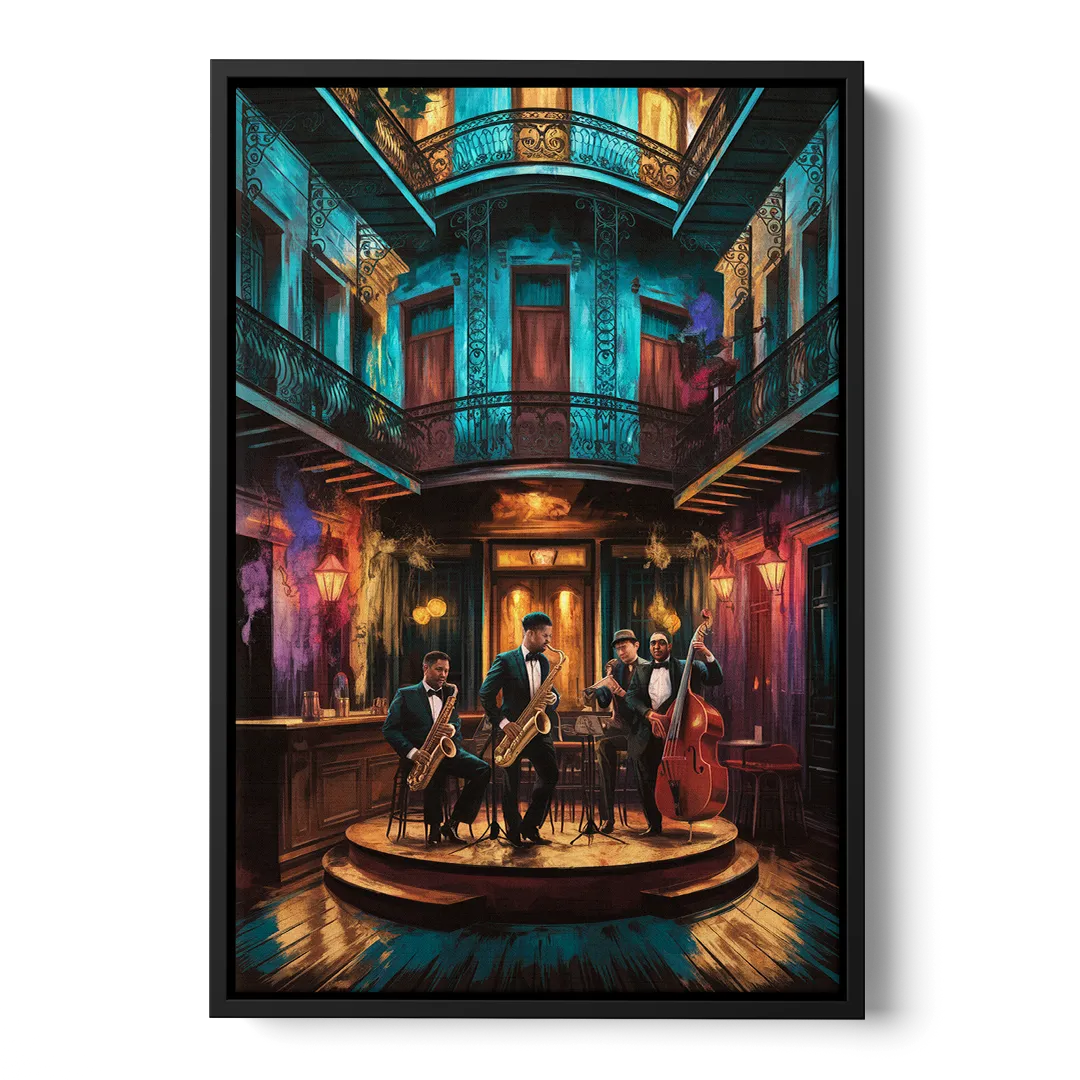 New Orleans Jazz Club Scene Front - Black Canvas Wall Art