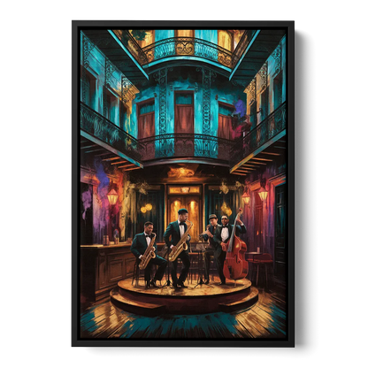 New Orleans Jazz Club Scene Front - Black Canvas Wall Art