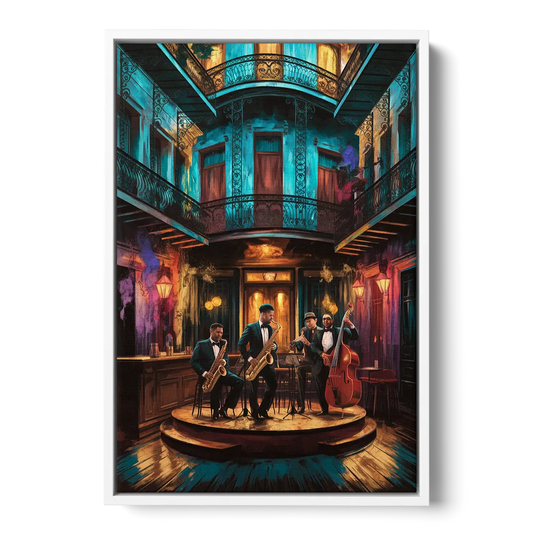 New Orleans Jazz Club Scene Front - White Canvas Wall Art