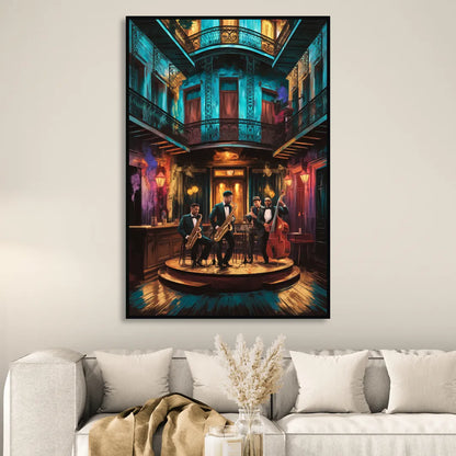 New Orleans Jazz Club Scene Living Room - Black Canvas Wall Art
