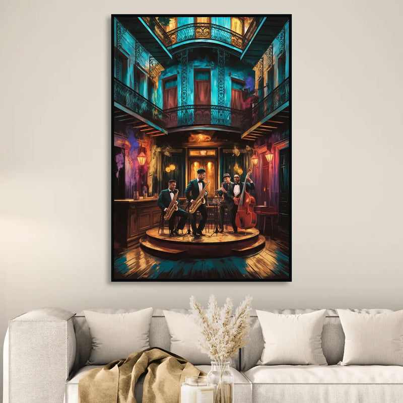 New Orleans Jazz Club Scene Living Room - Black Canvas Wall Art