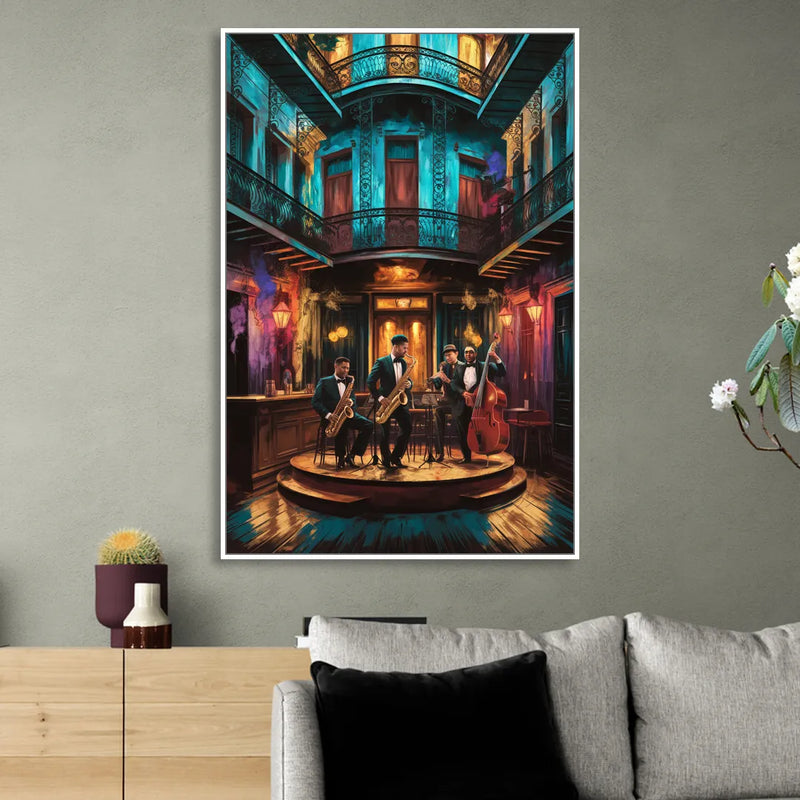 New Orleans Jazz Club Scene Sitting Room - White Canvas Wall Art