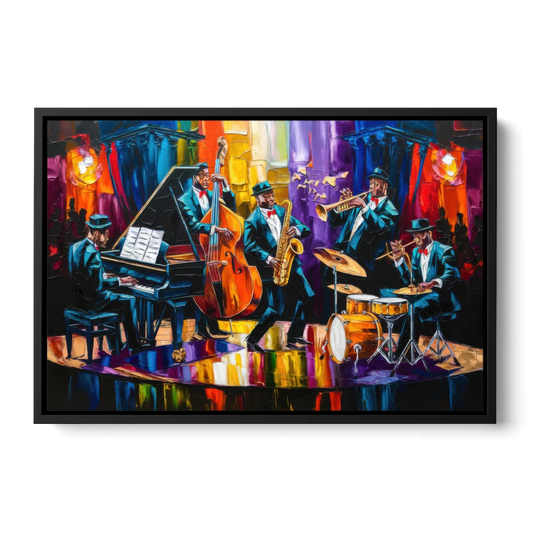 New Orleans Jazz Musicians - Black Framed Canvas Wall Art - Front