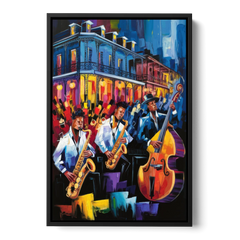 New Orleans Jazz Scene - Black Framed Canvas Wall Art - Front