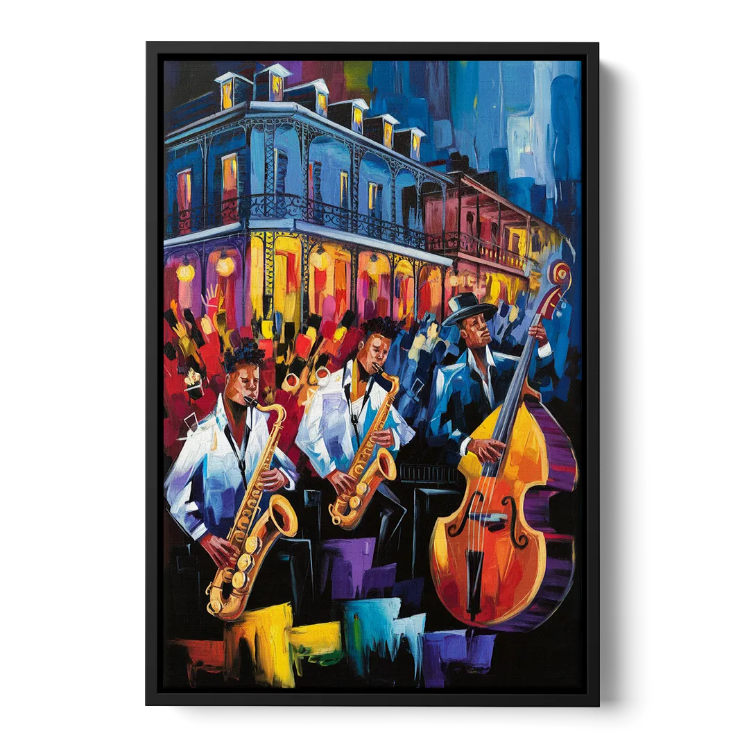 New Orleans Jazz Scene Front - Black Canvas Wall Art