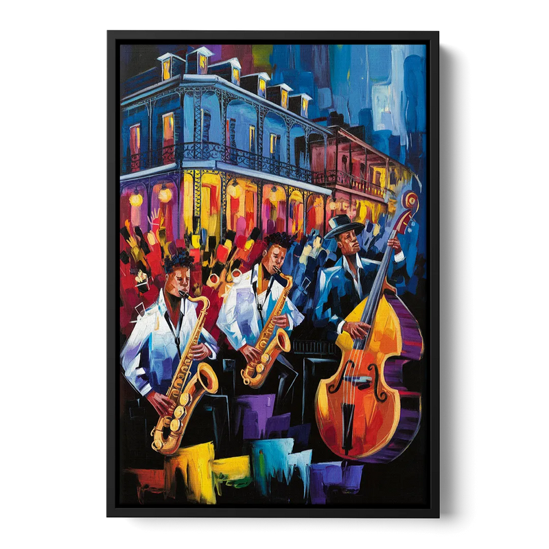 New Orleans Jazz Scene Front - Black Canvas Wall Art