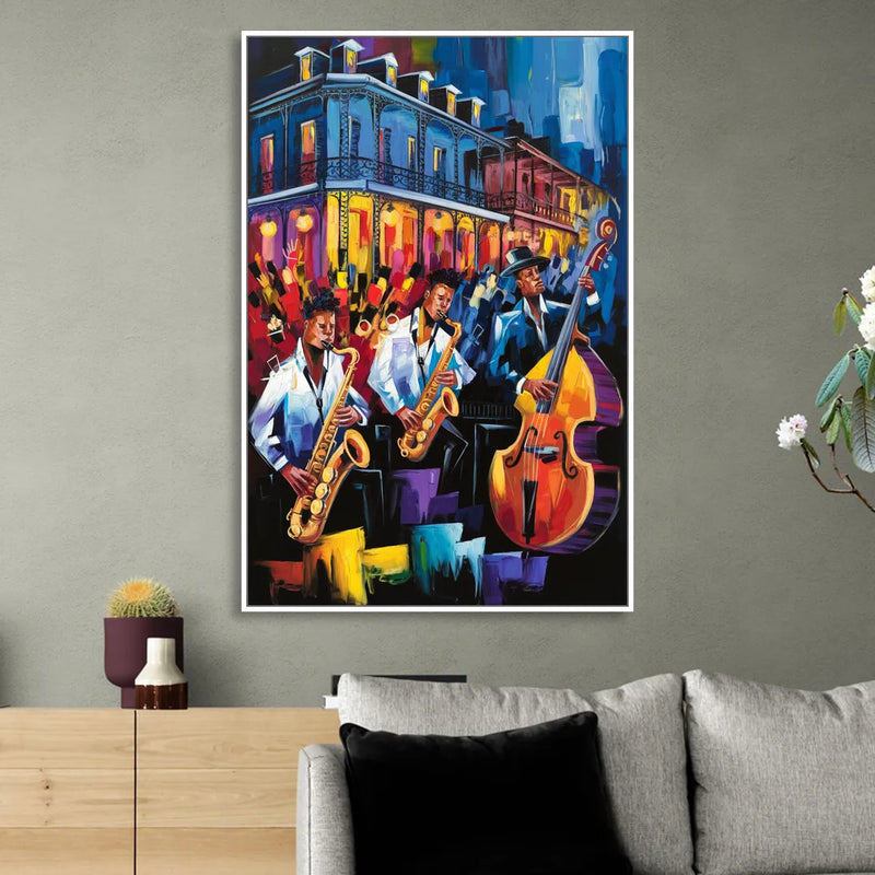 New Orleans Jazz Scene Living Room - White Canvas Wall Art