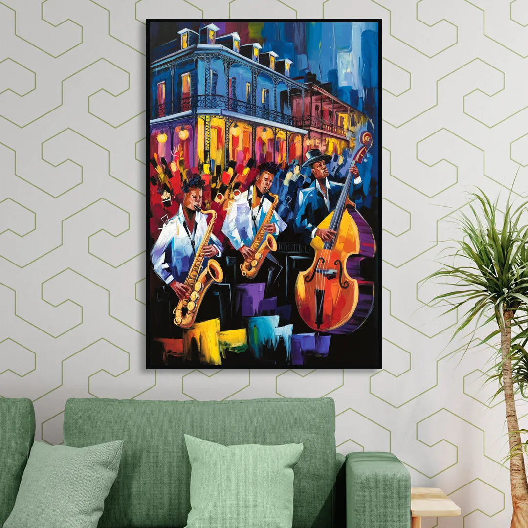 New Orleans Jazz Scene Living Room - Black Canvas Wall Art