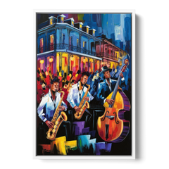 New Orleans Jazz Scene - White Framed Canvas Wall Art - Front